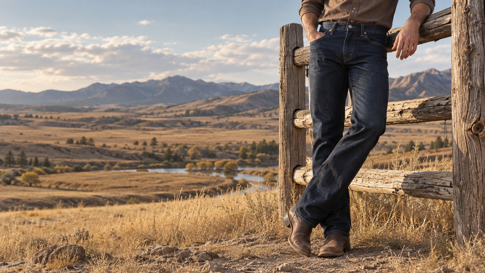 Western denim and boots at a prairie ranch fence