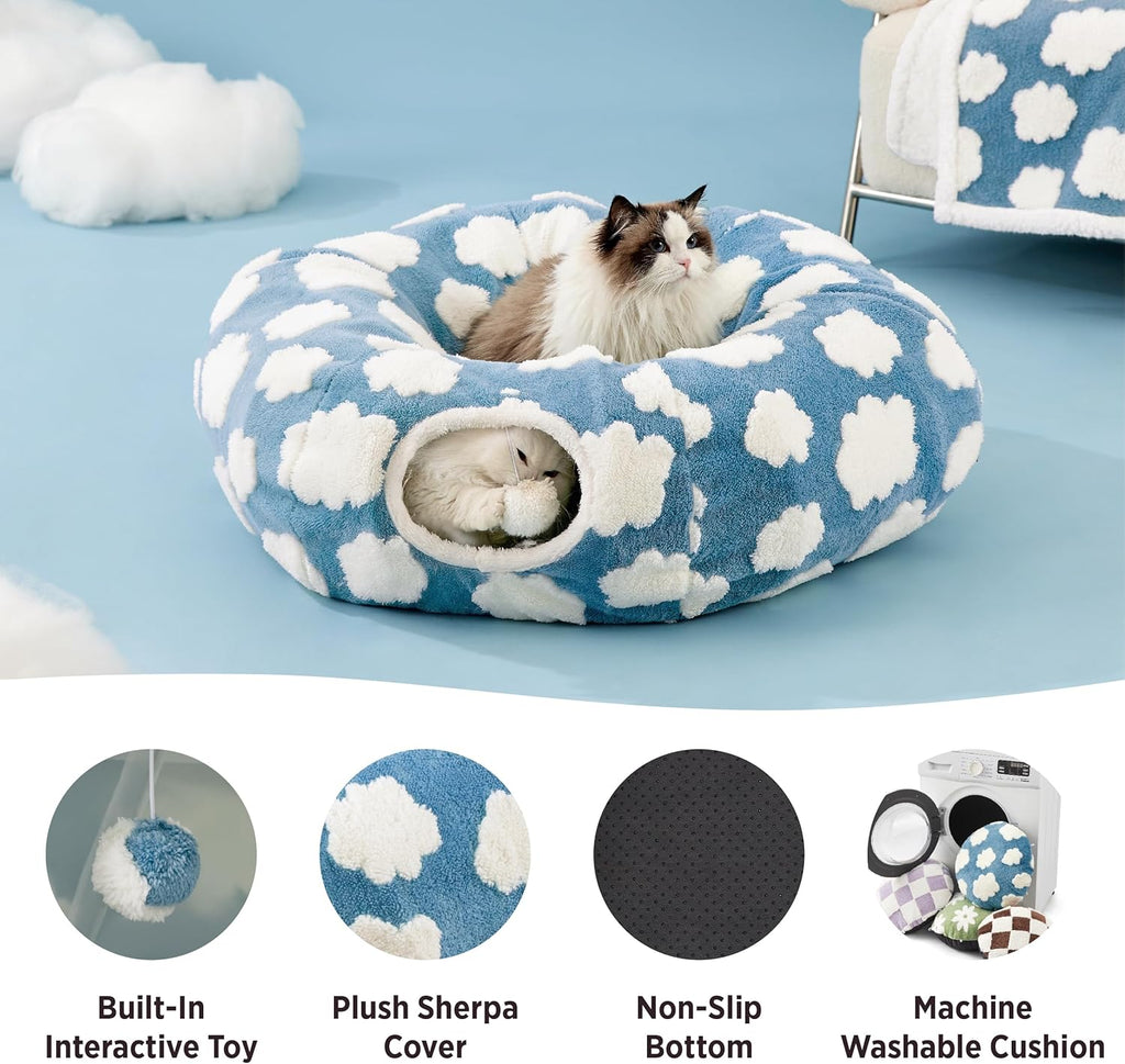 Cat Tunnel Bed for Indoor Cats - Cute Cat Donut Tunnel Toys for Small Large Cats with Washable Circle Cushion, Round Pet Peekaboo Cave Toy for Kitten/Puppy/Rabbit, Standard Blue