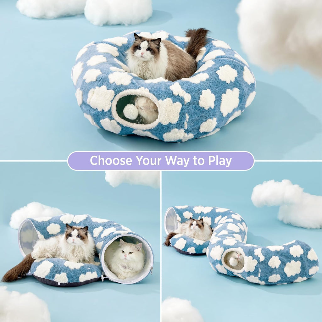 Cat Tunnel Bed for Indoor Cats - Cute Cat Donut Tunnel Toys for Small Large Cats with Washable Circle Cushion, Round Pet Peekaboo Cave Toy for Kitten/Puppy/Rabbit, Standard Blue
